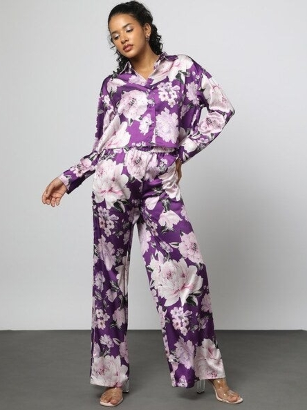 Women's Purple Floral Satin Pajama Set - Two-Piece Sleepwear Sz Small